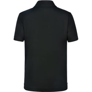 A black kids' polo shirt featuring short sleeves and a plain back design. Includes a branding logo.