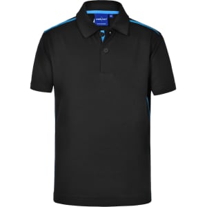 A black polo shirt with contrast blue detailing, featuring a collar and two buttons, and a logo on the label.