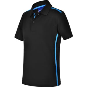 A black short sleeve polo shirt featuring blue contrast stripes and a logo on the collar.