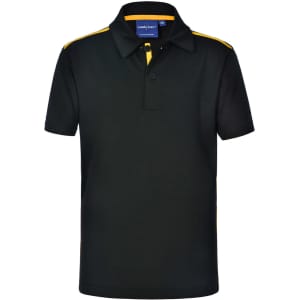 A black short sleeve polo shirt with yellow contrast detailing and a logo on the collar.