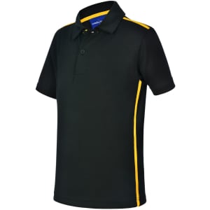 A black short sleeve polo shirt with yellow contrast detailing and a collar, featuring a logo.