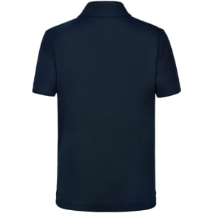 A short sleeve polo shirt in navy blue with a plain design and branding at the collar.