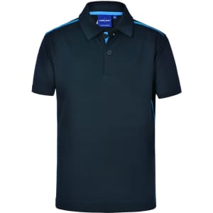 A navy blue short sleeve polo shirt with contrast turquoise detailing and a logo on the chest.