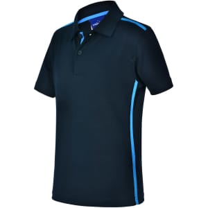 A navy polo shirt with short sleeves featuring blue contrast detailing and a logo.