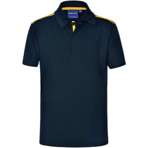 A kids' short sleeve polo shirt in navy blue with yellow contrast details and a collar. It features a logo on the chest.