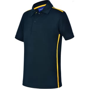 A kids' short sleeve polo in navy with yellow contrast side panels. The shirt features a collar and buttons.