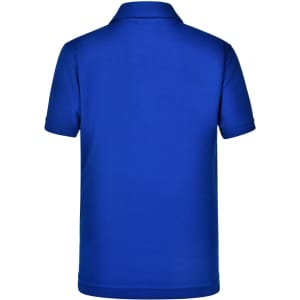 A short sleeve polo shirt in solid blue, featuring a collar and a logo on the back.