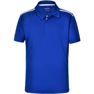 A blue kids' polo shirt with short sleeves and contrast white stripes, featuring a collar and button placket.