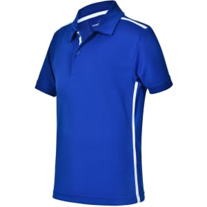 A blue short sleeve polo shirt with white contrast detailing and a logo on the chest.
