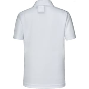 A white kids' short sleeve polo shirt featuring a collar and a logo on the back.