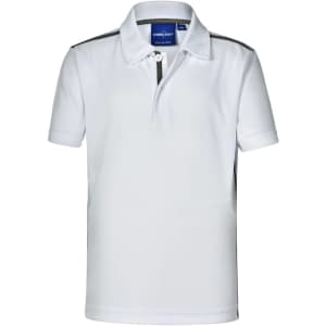 A white short sleeve polo shirt with contrast details and a collar, featuring a logo on the chest.