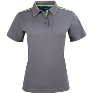 A grey ladies' short sleeve polo shirt with contrasting green detailing and a logo.