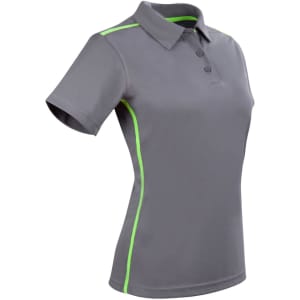 A grey ladies' short sleeve polo shirt featuring contrast green side detailing and a collar. It has a logo on it.
