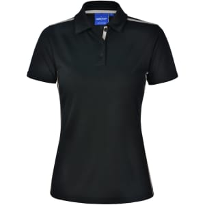 Ladies' short sleeve polo shirt in black with contrast detailing, featuring a collar and a branding logo.
