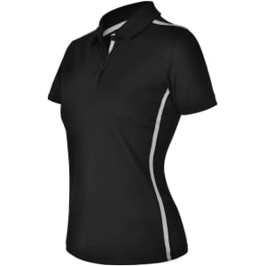 A black short sleeve polo shirt with grey contrast stripes and a logo on the chest.