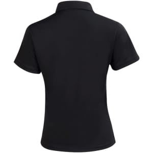 A black short sleeve polo shirt featuring a collar and a logo on the back.