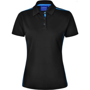 A black ladies' polo shirt with short sleeves and blue contrast detailing, featuring a collar and buttons.