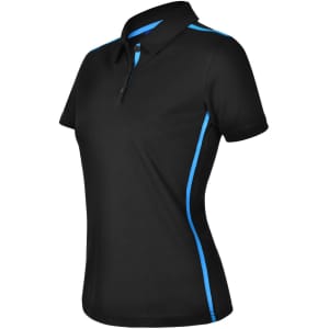 A black ladies' polo shirt with short sleeves featuring blue contrast detailing and a logo.