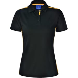 A women's short sleeve polo shirt in black with yellow contrast detailing and a collar. Features a logo on the chest.
