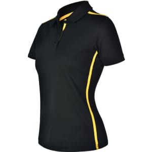 A black ladies' polo shirt with short sleeves and yellow contrasting stripes, featuring a collar and a branded logo.