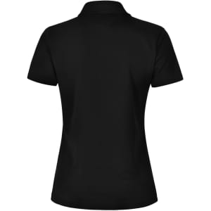 A black ladies' short sleeve polo shirt featuring a contrasting design and a logo.