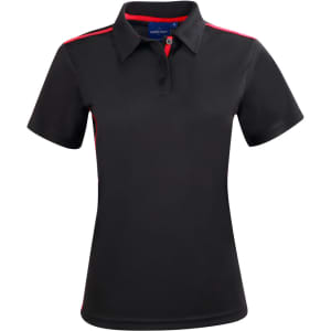 A black short sleeve polo shirt featuring red contrast detailing and a collar, with a logo on the chest.