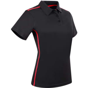 A black short sleeve polo shirt featuring red contrast detailing and a logo on the chest.