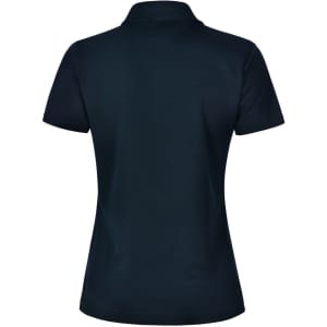 A dark navy ladies' short sleeve polo shirt with a smooth finish and a collar. Features a logo on the front.