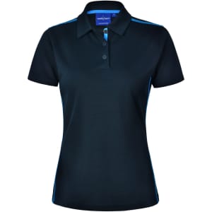 A black ladies' short sleeve polo shirt with contrasting blue side panels and a collar. Features a logo.