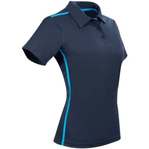 A navy polo shirt with short sleeves and contrast turquoise side panels. Features a collar and buttons, with a logo present.