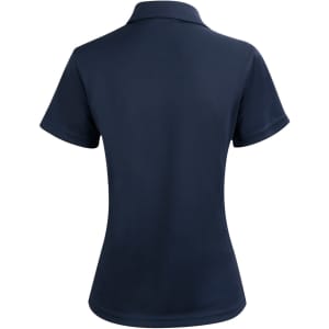 A navy blue ladies' short sleeve contrast polo shirt featuring a collar and a logo.