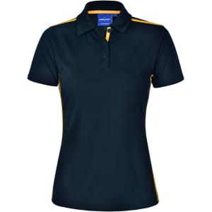 A short-sleeve polo shirt in dark green with yellow contrast detailing and a logo on the chest.
