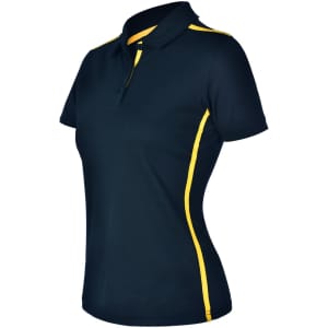 A navy short sleeve polo shirt with contrasting yellow side panels and a collar, featuring a logo.