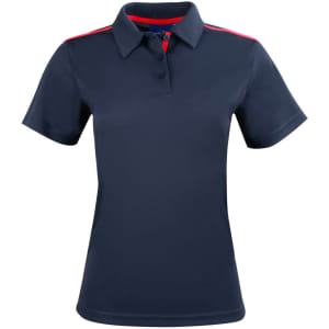 A navy ladies' short sleeve polo shirt with red contrast details and a logo on the chest.