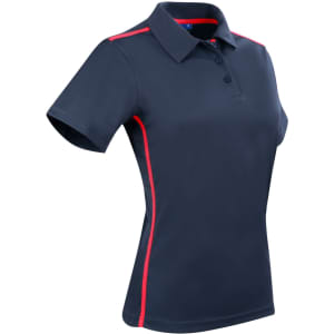 A navy blue polo shirt with short sleeves featuring red contrast piping and a logo.