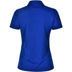 A blue ladies' short sleeve polo shirt featuring a contrast collar and a logo.
