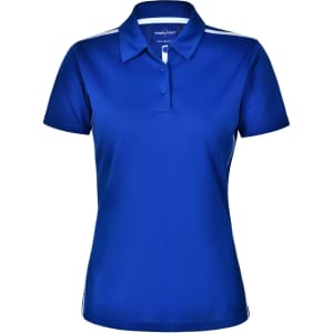 A blue ladies' short sleeve polo shirt with contrasting details and a logo on the collar.
