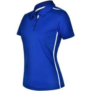 A blue ladies' polo shirt with short sleeves and white contrast stripes, featuring a collar and a logo.