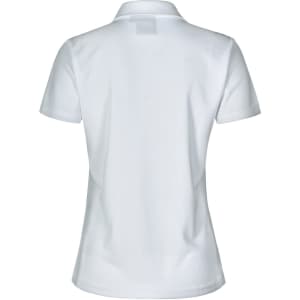 A white women's rapid cool short sleeve polo shirt with a collar and a logo on the back.