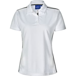 A white short sleeve polo shirt with contrast detailing and a logo on the left chest area.