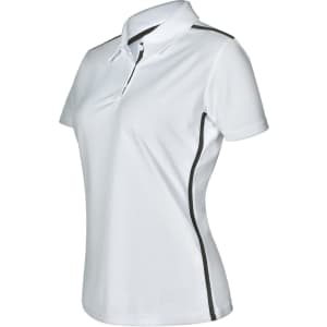 A white short sleeve polo shirt with black contrast detailing and a logo on the chest.