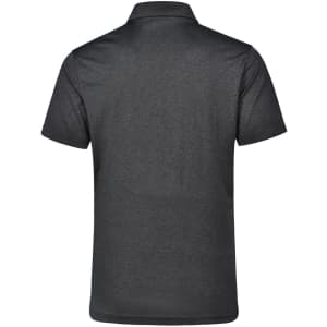 A dark grey men's short sleeve polo shirt featuring a collar and a logo.