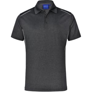 A short sleeve polo shirt in dark grey with white accents and a logo on the collar.
