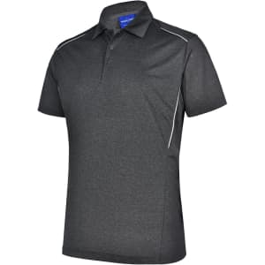 A men's short sleeve polo shirt in dark grey, featuring piping details and a logo.