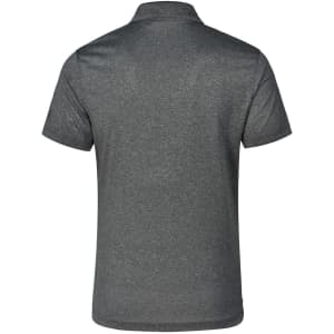 A dark grey men's short sleeve polo shirt with a collar and branding on the back.
