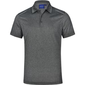 A grey short sleeve polo shirt with a subtle pattern and a logo on the collar.