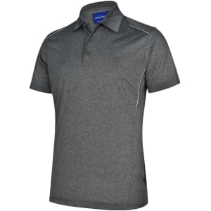 A short sleeve polo shirt in dark grey with subtle white accents and a logo.