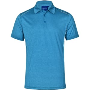 A blue short sleeve polo shirt featuring a collar and a logo, designed for men.