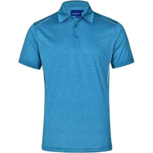 A blue short sleeve polo shirt featuring a subtle texture and a logo on the upper section.