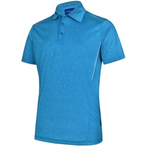 A blue short sleeve polo shirt with a collar and a logo, featuring a textured fabric and contrast detailing.